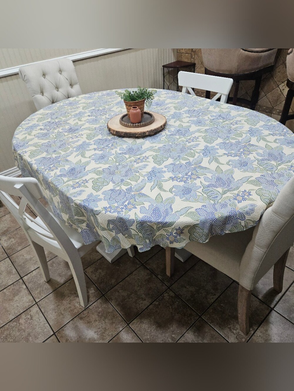 70" Round Blue and Green Cotton Tablecloth